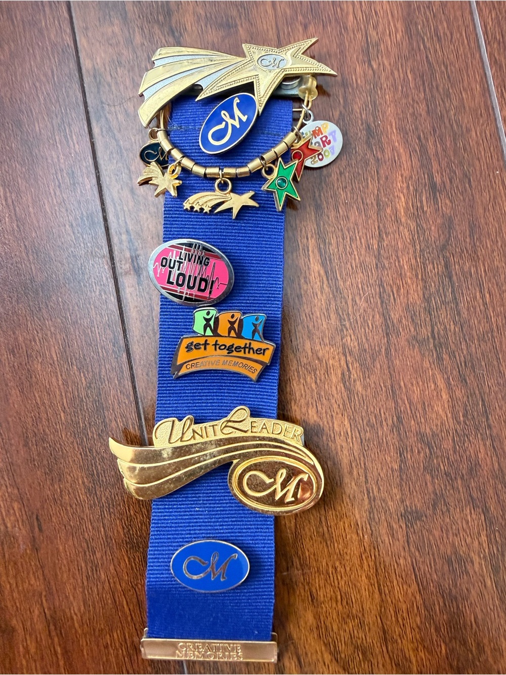 Creative Memories Blue Ribbon Charm Medal with charms, pins and magnets.